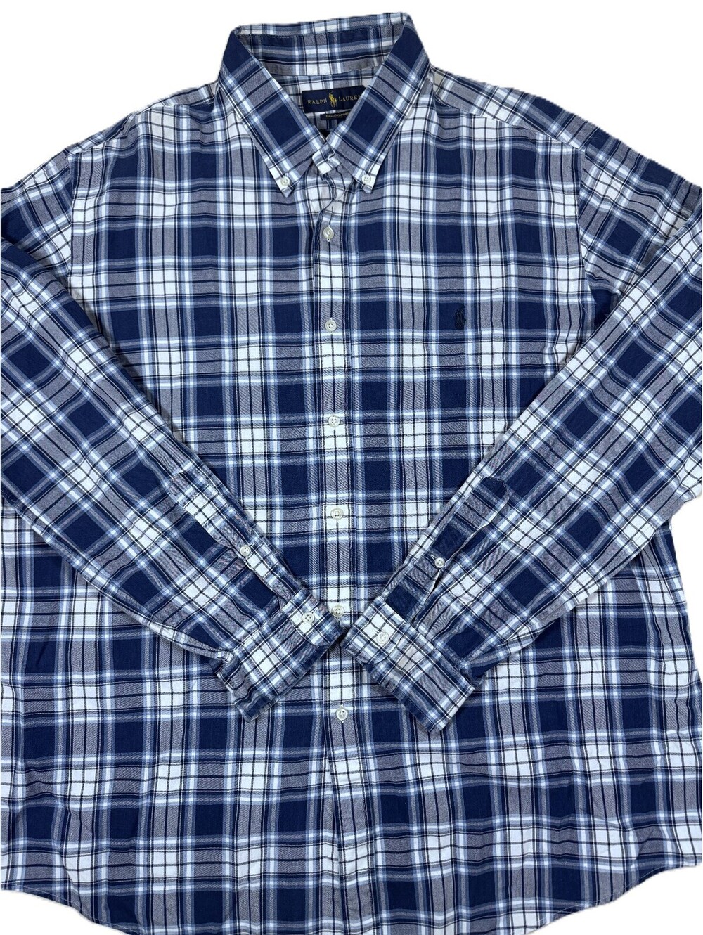 Ralph Lauren Men's Long Sleeve Oxford Shirt 2XL Blue Plaid 100% Cotton